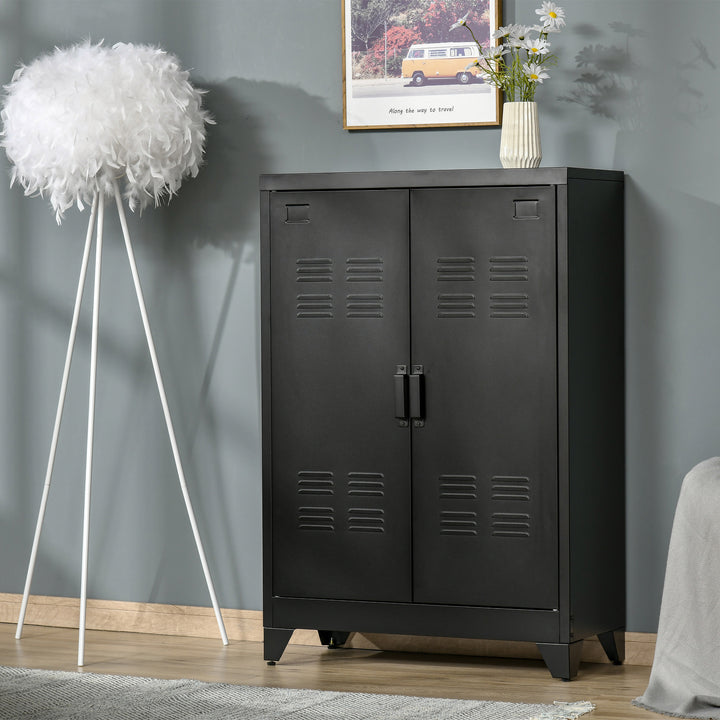 Arkivskab metalskab multifunktionelt skab med magnetisk lameller dobbeltdør justerbar hylde kontorskab opbevaringsskab til hjemmekontor stue 75 x 33 x 110 cm sort