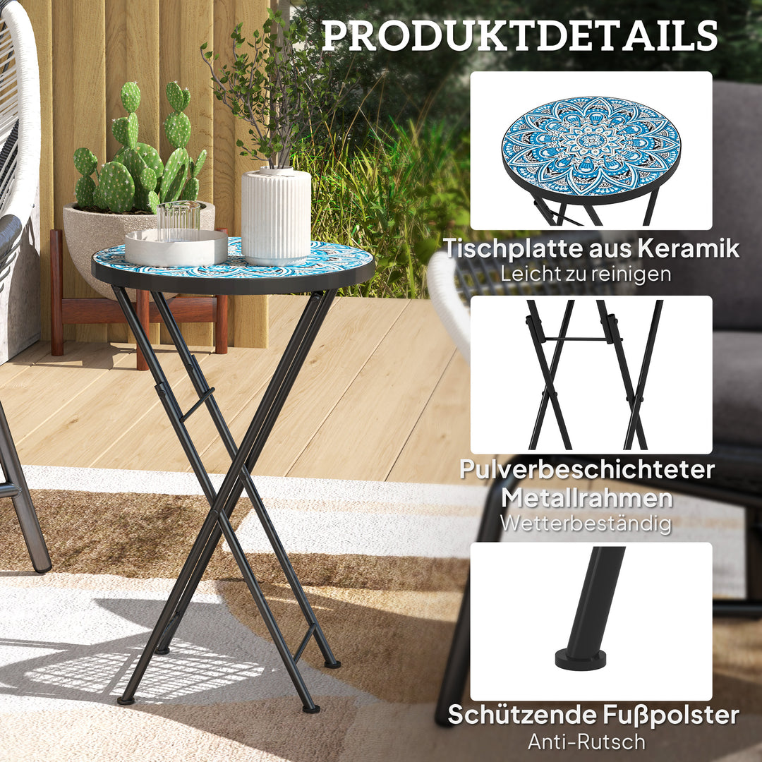 Mosaik havebord, foldbart rundt terrassebord med metalramme og keramisk bordplade, mosaikmønster, blå