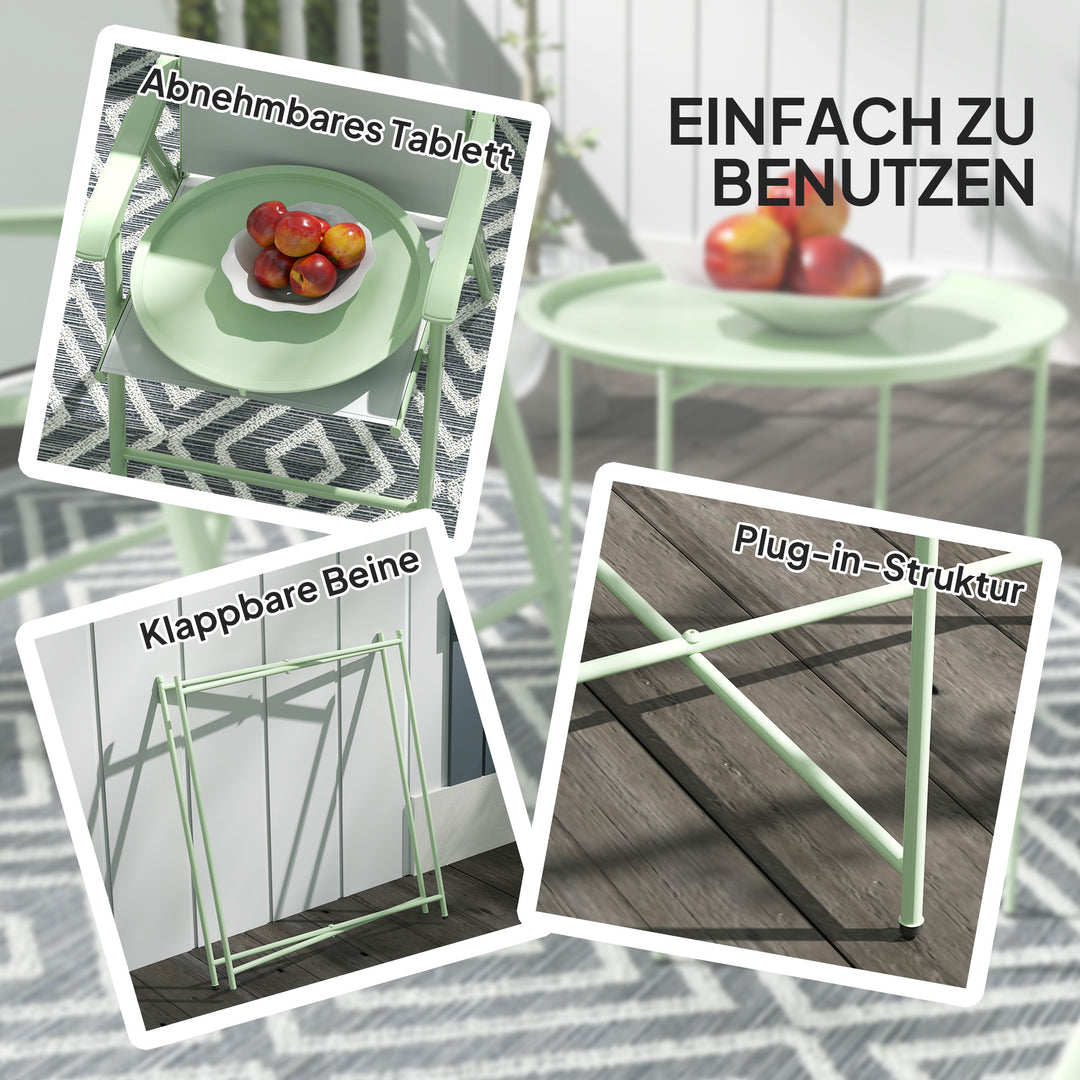 Havebord, rundt udendørs sidebord i stål med aftagelig bakke, foldbart design, terrassebord, grønt