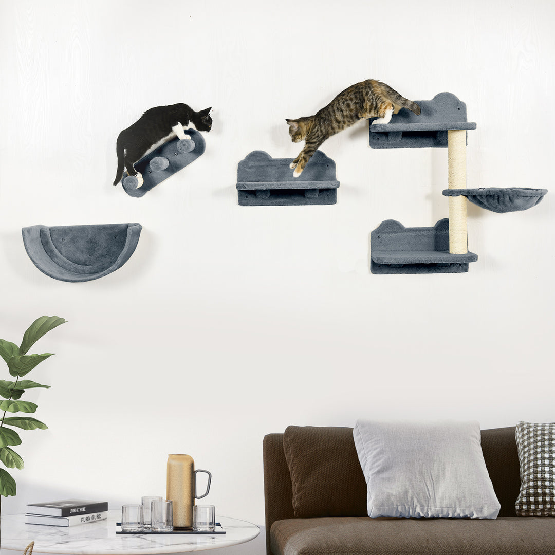 Klatrevægssæt til katte, hængekøje, kradsebræt, hoppeplatforme, plys, sisal, grå