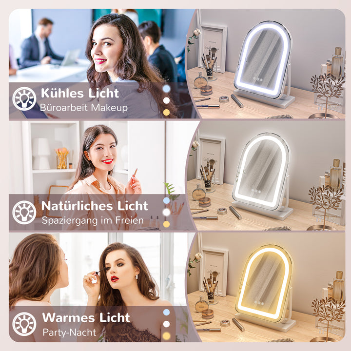 Kosmetikspejl med led-belysning, 3 lystemperaturer, drejelig, touch-betjening, hvid