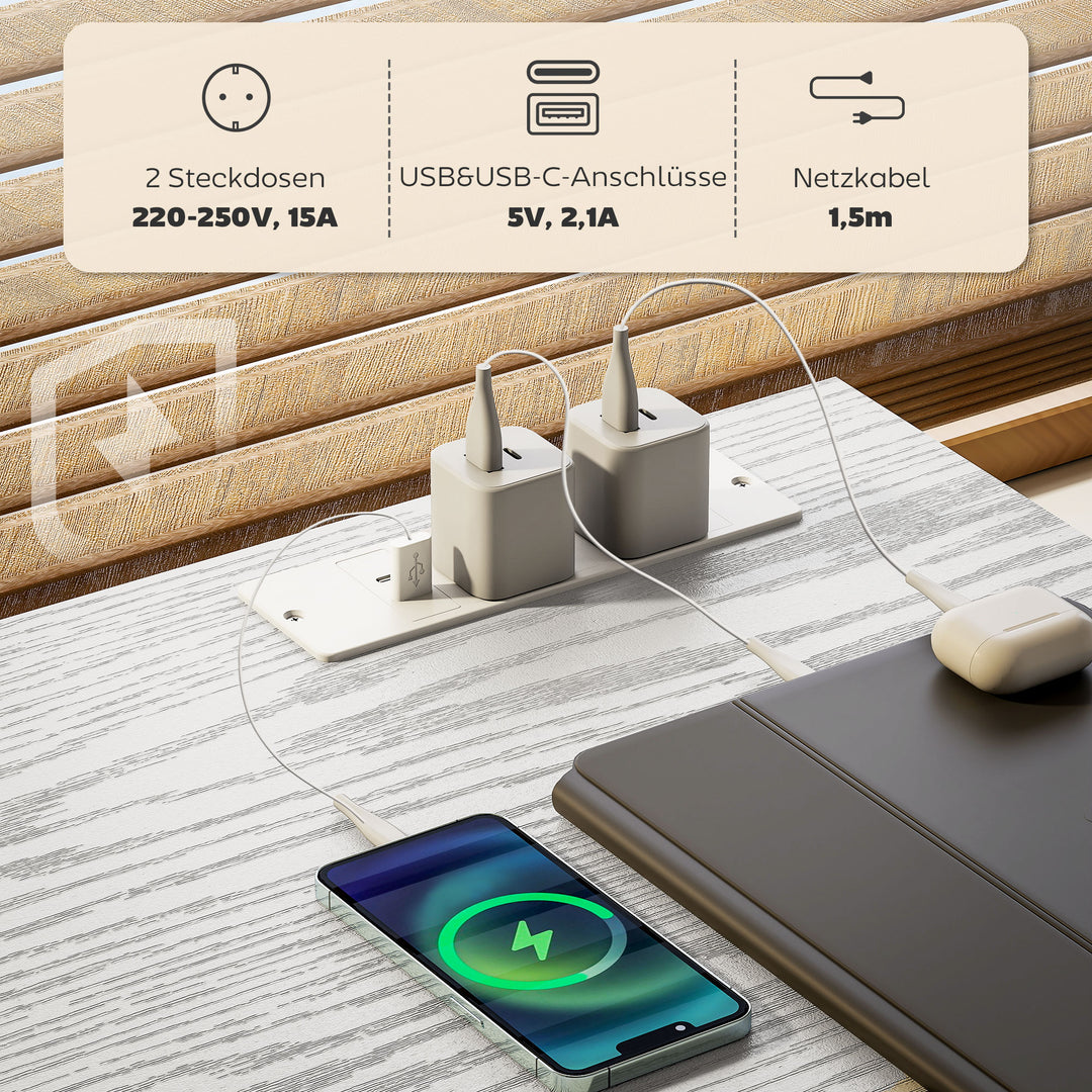 Køkkenbord med 2 USB-opladeporte, 2 stikkontakter, justerbare hylder, 3 stofskuffer, 120x40x76 cm, hvid