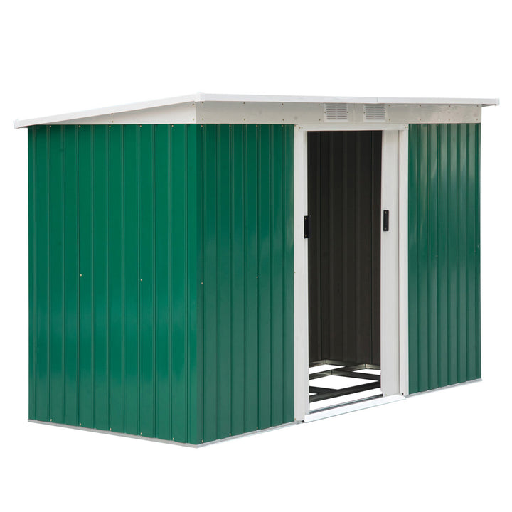 Metal redskabsskur 6,3m³ 280x130x172cm redskabsskur med skydedør, vejrbestandigt havehus, udendørs haveskur, skab til baghave, udendørsområde, antracit, mørkegrøn