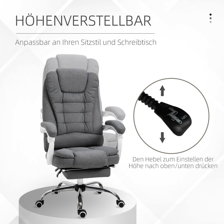 Kontorstol med udklappelig fodstøtte, chefstol, justerbar ryglæn, linnedlook, grå