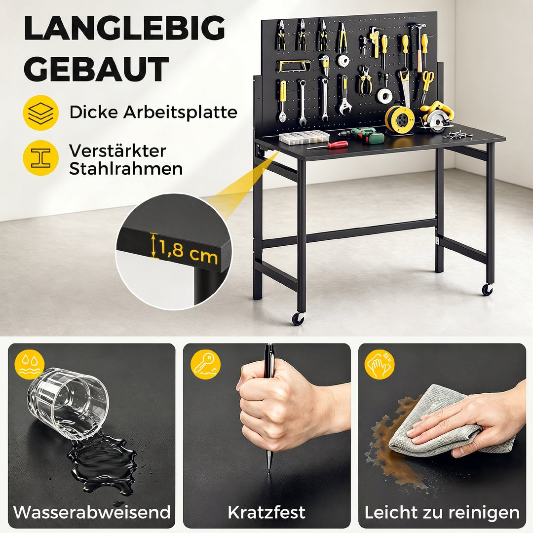 Arbejdsbænk med stiftbræt, foldbar mobil arbejdsbænk med hjul, tyk bordplade, stålramme, kroge, sort