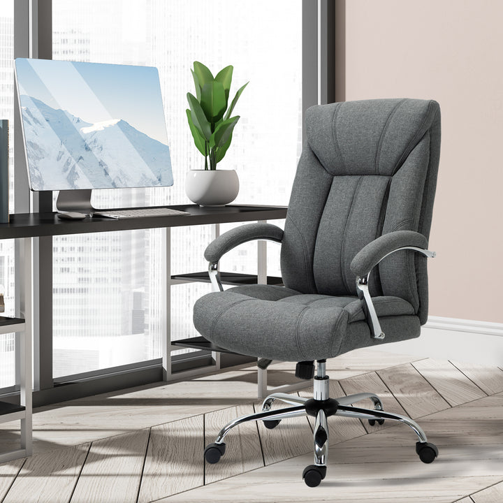 Kontorstol med gyngefunktion, ergonomisk stol med polstrede armlæn og nakkestøtte, højdejusterbar kontorstol, drejestol med ryglæn, nylon grå, 65 x 78 x 110-118 cm