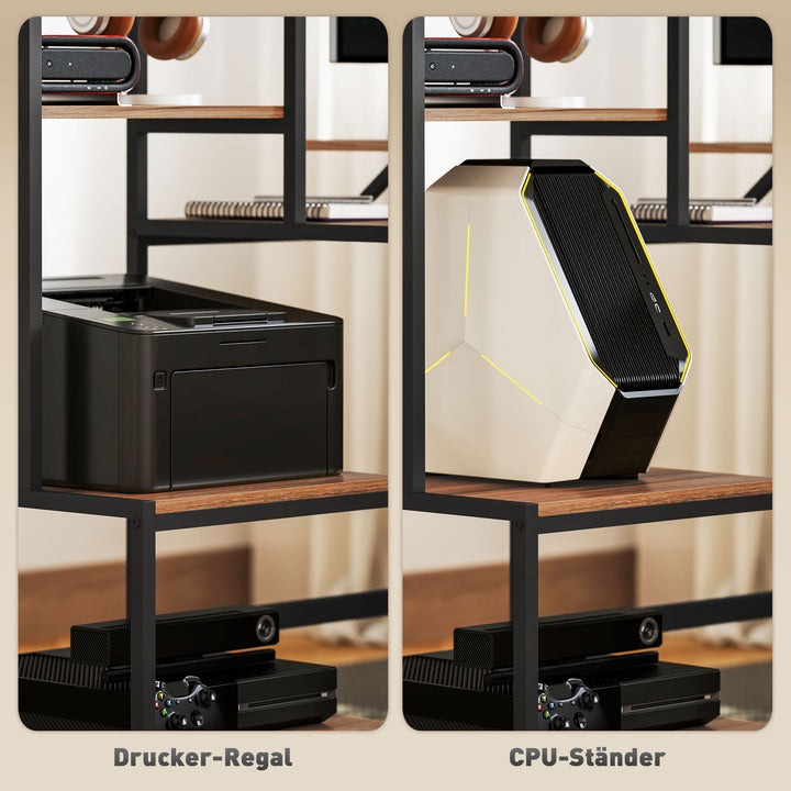 Computerbord med skærmstativ, skrivebord med 4-lags hylde, industrielt design, brun