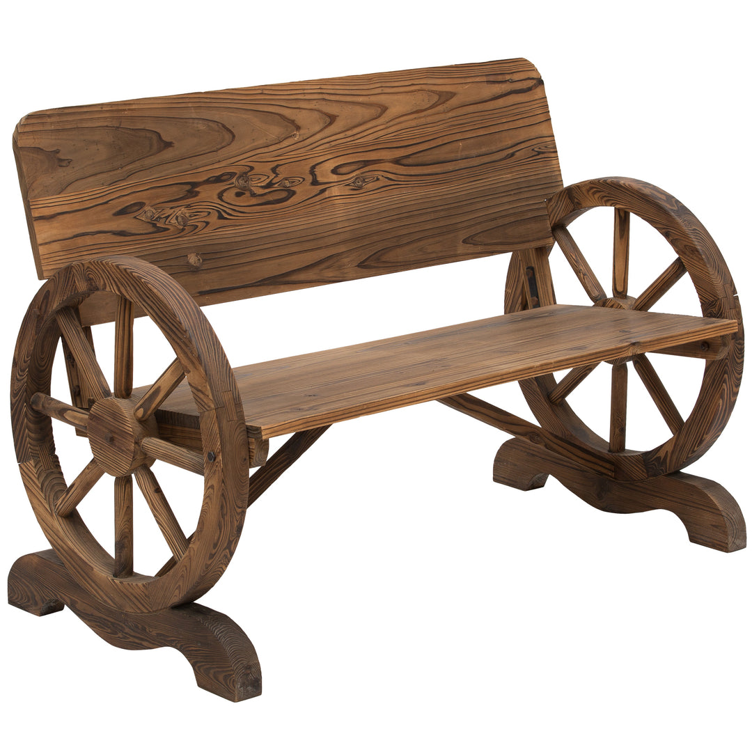 2-personers havebænk i massivt træ med armlæn, bænk med vognhjulsdesign, havemøbler, lasteevne 250 kg, rustik bænk, 114 x 58 x 80 cm, brun