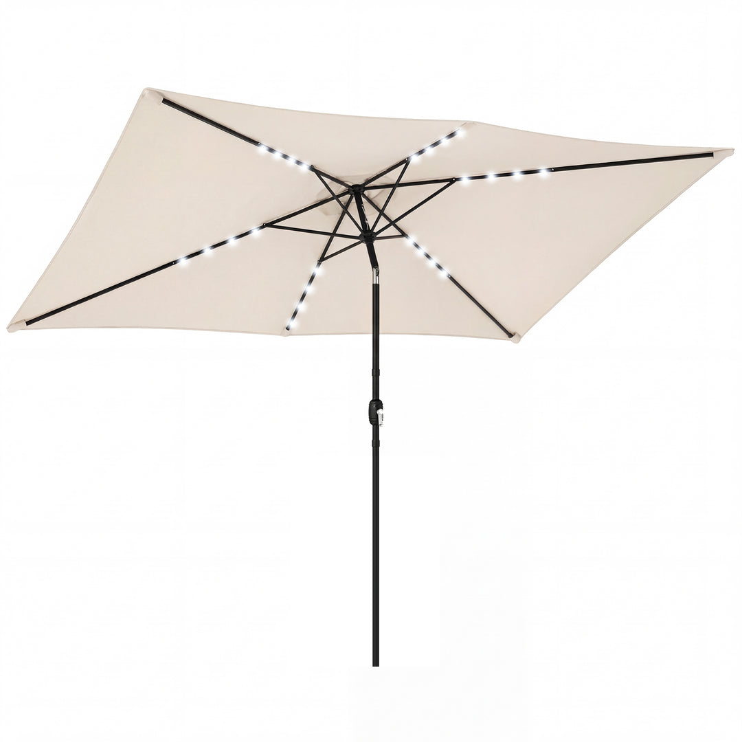 LED solcelleparasol, ca. 300 x 200 cm, vipbar balkonparasol med håndsving, beskyttelsesovertræk, UV-beskyttelse, drejelig, cremehvid