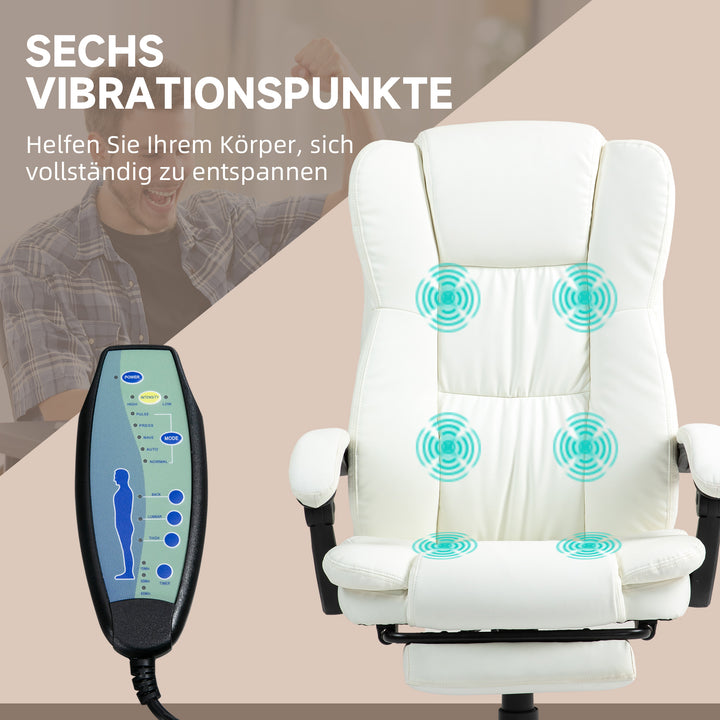 Justerbar drejestol med fodstøtte, nakkestøtte, massagefunktion, kunstlæder, 68,5x68,5x113-121cm, cremehvid