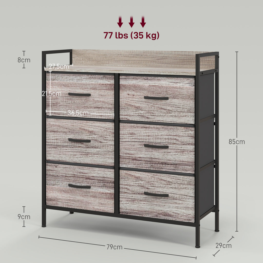 Stofkommode, 6 foldbare skuffer, hylde, stålramme, 79 x 29 x 85, grå