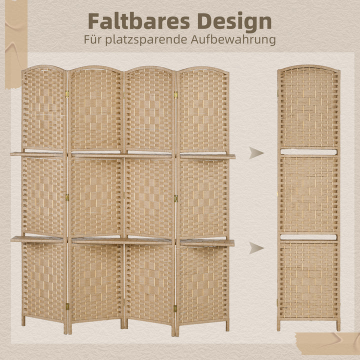 4-panels foldeskærm, 160 x 170 cm, foldbar skillevæg med 2 hylder, naturtræ