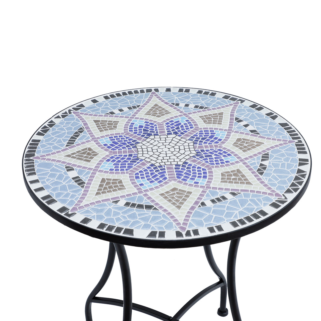Havebord Ø60 x H71cm, vejrbestandigt metal balkonbord, udendørs spisebord, campingbord, sidebord, rundt terrassebord til have, terrasse, altan, blå+hvid