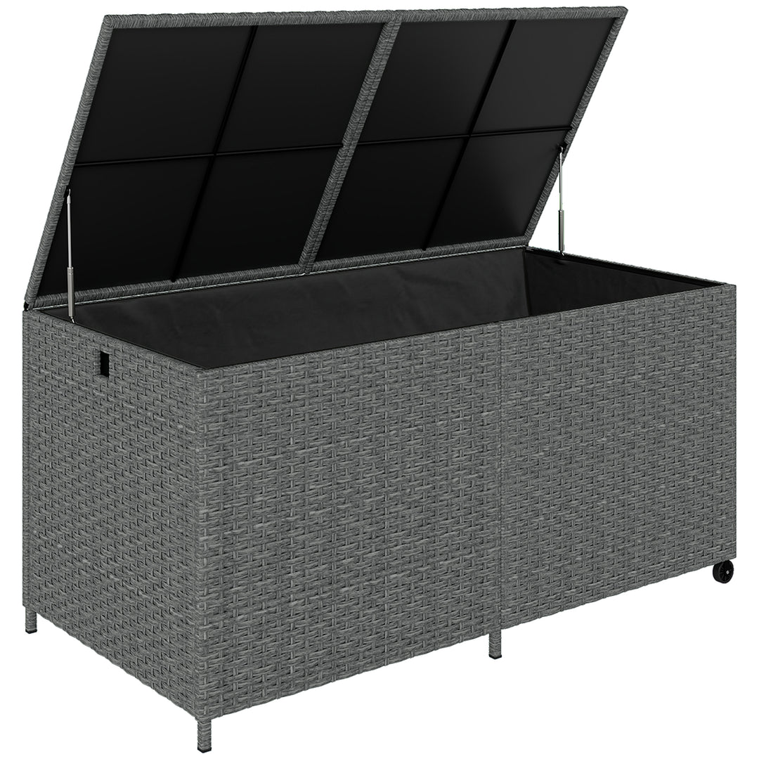Rattan opbevaringskasse 650L, vejrbestandig, UV-bestandig, hyndekasse med låg, hjul, opbevaringsplads 150 x 75 x 74 cm, mørkegrå