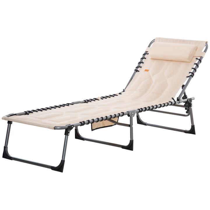 Solseng, foldbar haveliggestol, foldbar liggestol med hynde, 5-positions ryglæn, Oxfordstof, 188 x 57 x 30 cm, beige