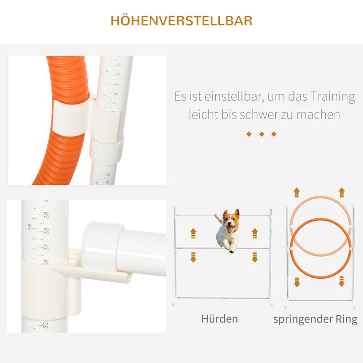 Agility sæt til hunde, 1 dæk, 2 tunneler, 2 hækkeløb, 321 cm x 63 cm x 93 cm, blå + rød + hvid