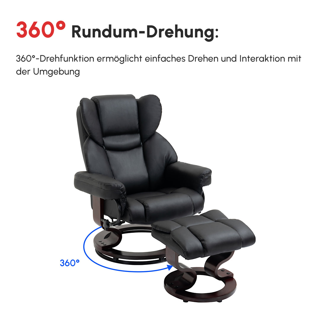 Lænestol med fodskammel, lænefunktion, drejelig, op til 160 kg, kunstlæder, metalstel, sort, 80 x 79 x 100 cm