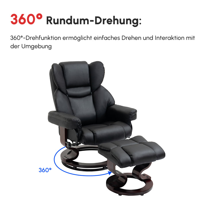 Lænestol med fodskammel, lænefunktion, drejelig, op til 160 kg, kunstlæder, metalstel, sort, 80 x 79 x 100 cm