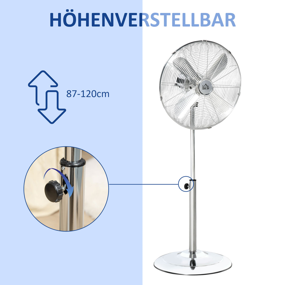 120 cm standerventilator, højdejusterbar ventilator, 3 hastighedsindstillinger, justerbar hældningsvinkel, stål, sølv