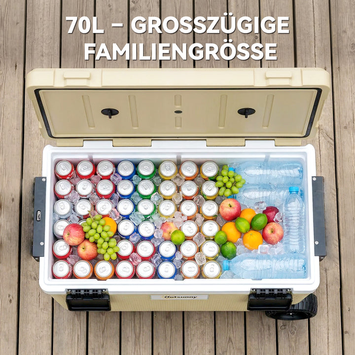 70L køleboks, stor passiv termoboks, holder køligt i op til 72 timer, med PU-skumisolering, hjul, afløbsventil og håndtag