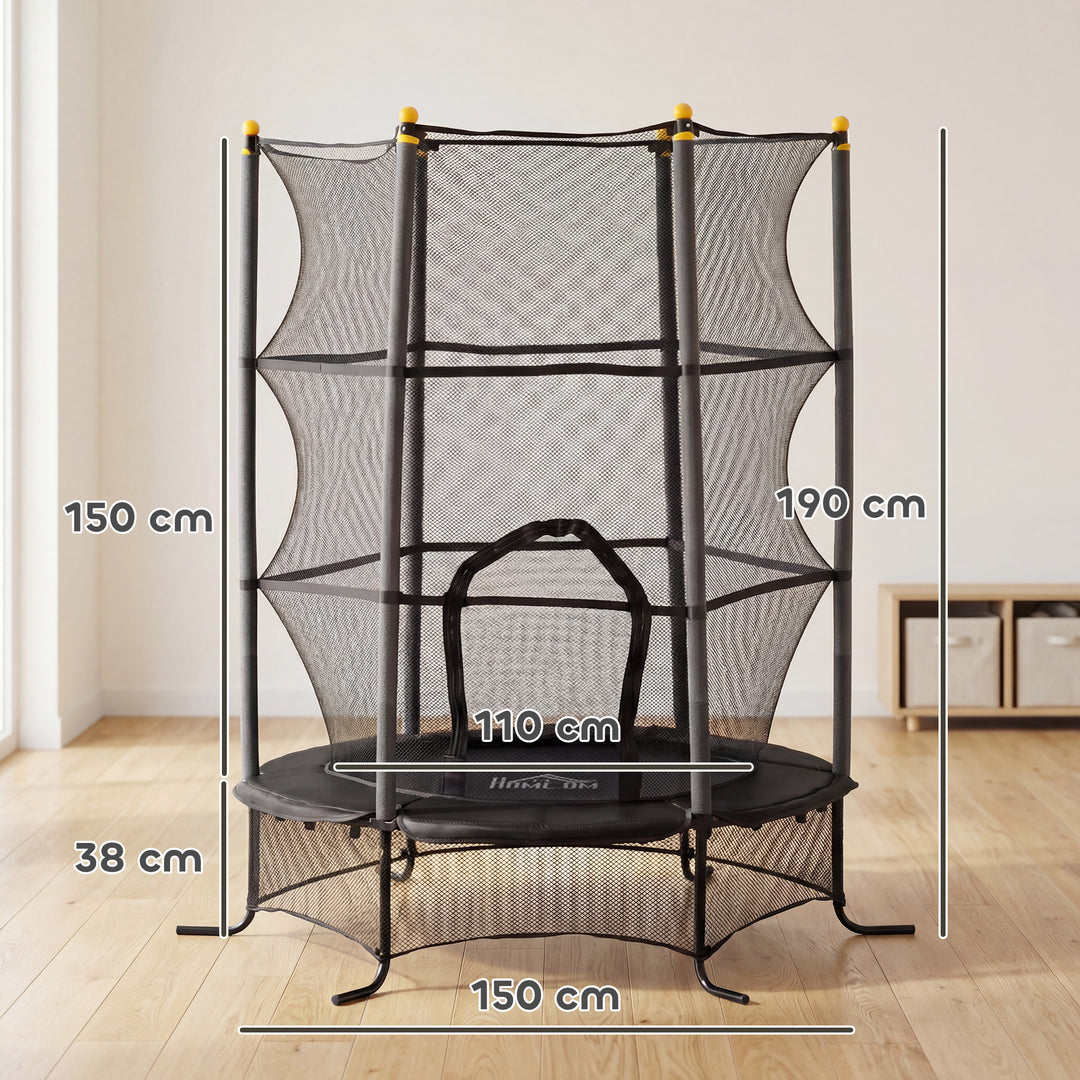 Børnetrampolin, Ø163 cm, med sikkerhedsnet, indendørs og udendørs brug, lasteevne op til 50 kg, stål, plastik, sort