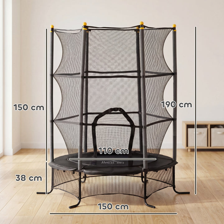 Børnetrampolin, Ø163 cm, med sikkerhedsnet, indendørs og udendørs brug, lasteevne op til 50 kg, stål, plastik, sort