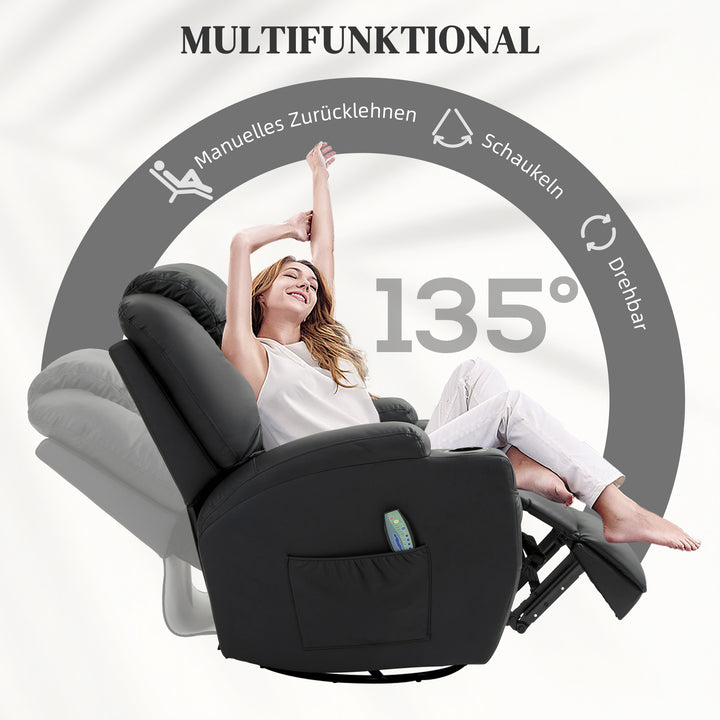 Lænestol med massagefunktion, vipbart ryglæn, drejelig, op til 150 kg, kunstlæder, sort