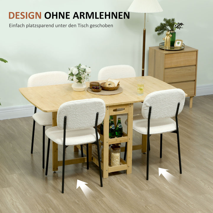 Sæt med 4 spisestole, blødt stofbetræk, stålben, armløs design, hvid