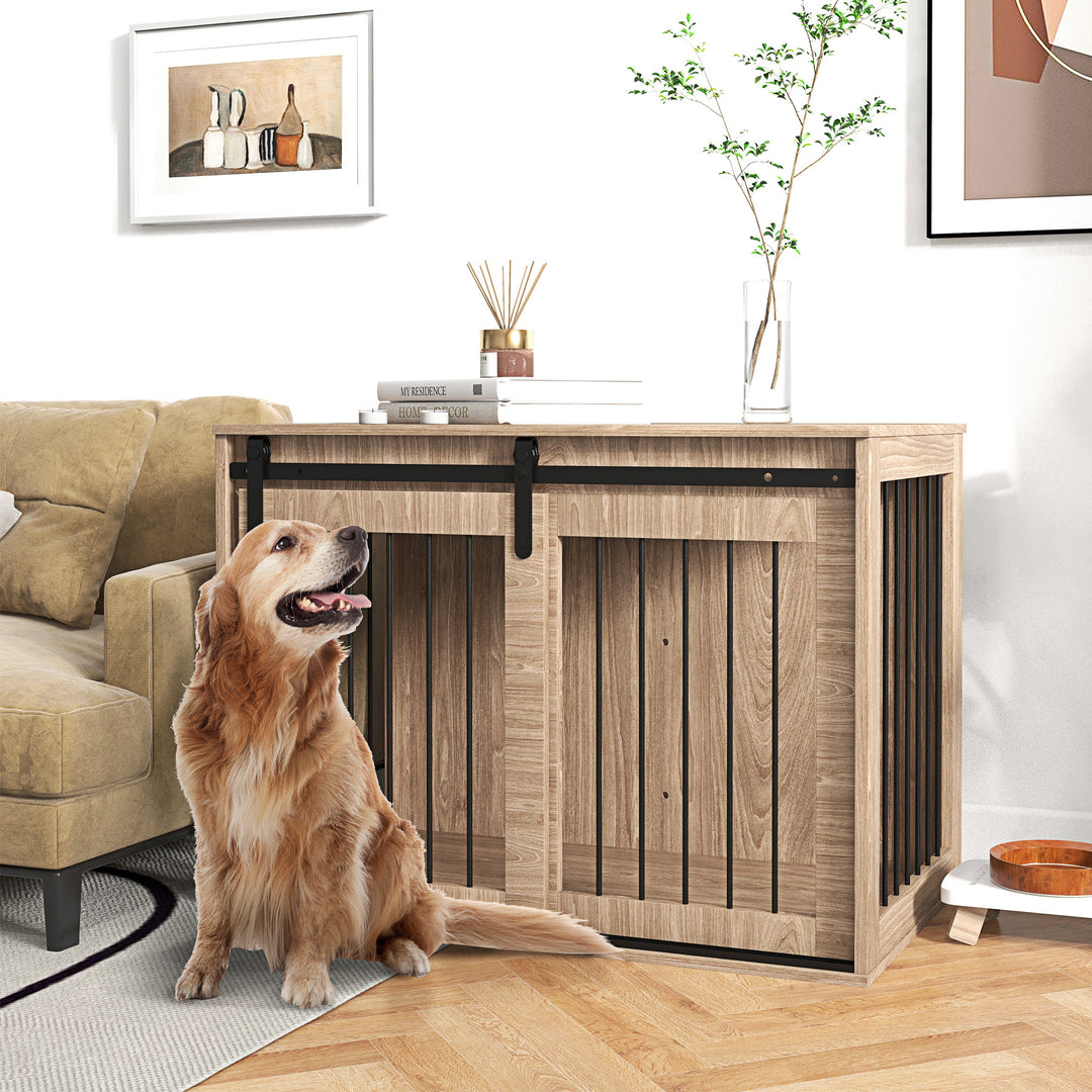 Hundebur, aflåseligt, trælook, rustikt design, 98 cm x 58 cm x 67 cm, valnød + sort