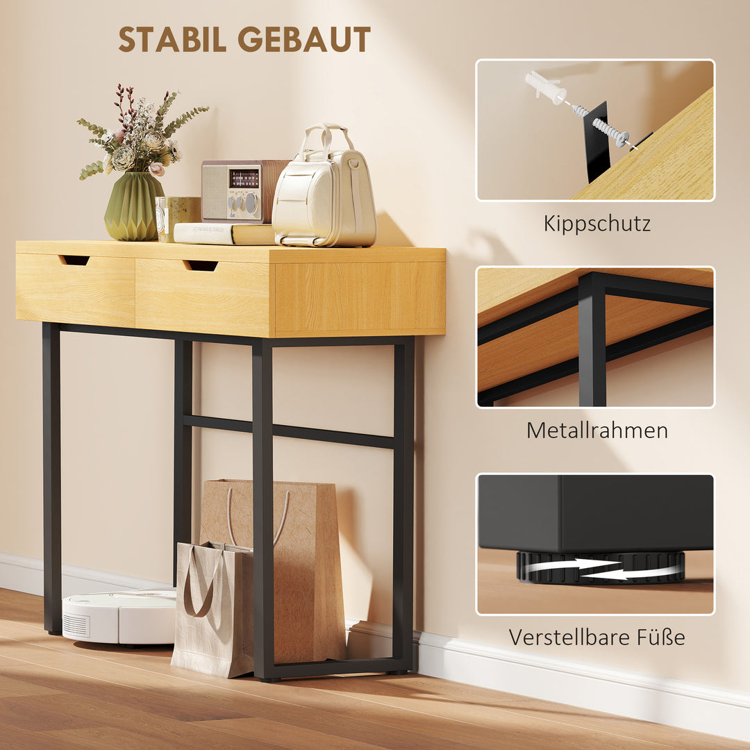Konsolbord, smalt entrebord med 2 skuffer, metalstel, til entre, 110 x 35 x 76,5 cm, naturlig finish