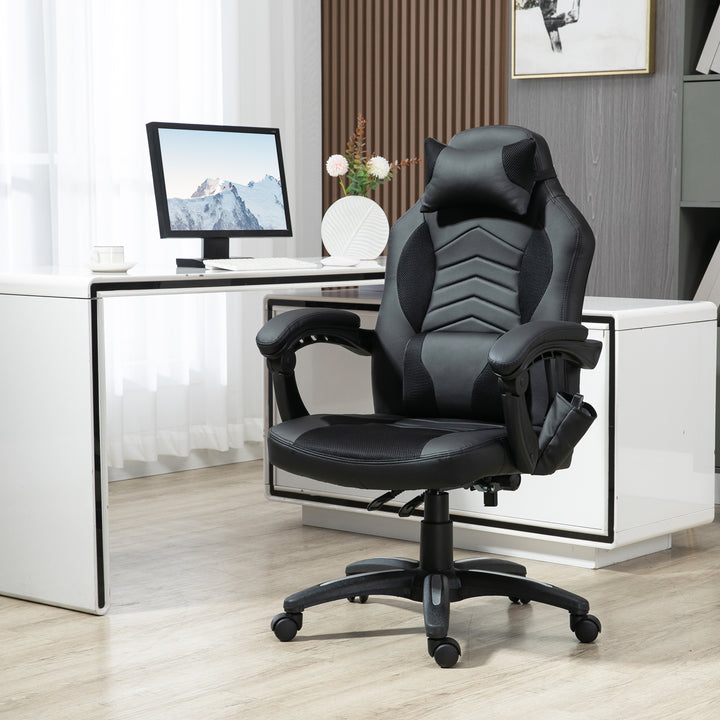 Kontorstol massagestol massagefunktion med 6 vibrationspunkter ergonomisk gamingstol med varmefunktion kunstlæder sort 68 x 69 x 108-117cm