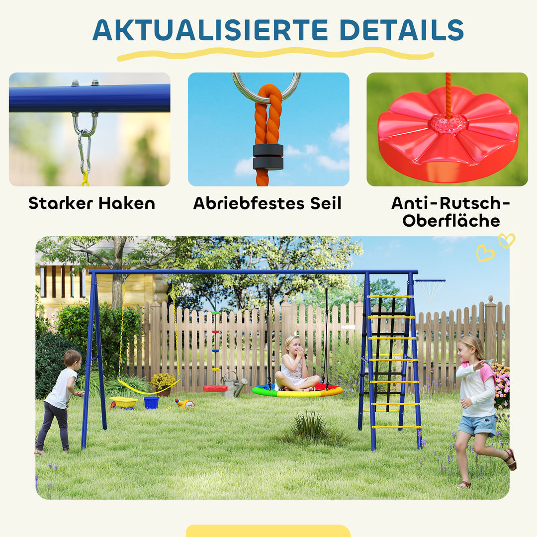 Børnegyngesæt, stål, 3-8 år, 6-i-1 design, farverig