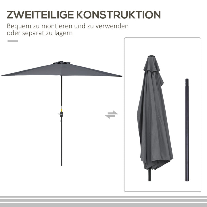 Parasol med håndsvingmekanisme, haveparasol, markedsparasol, metal, halvrund, grå og sort