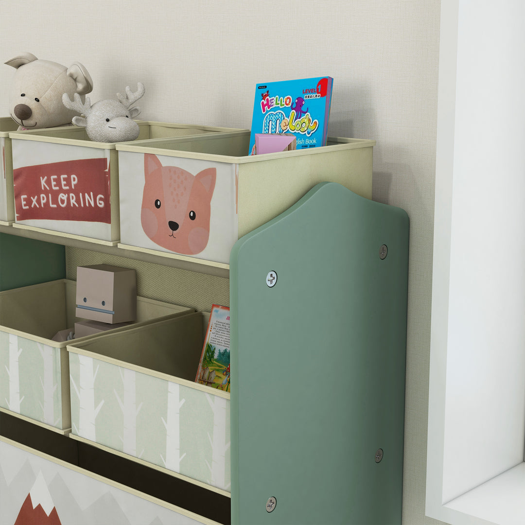 Zonekiz børnegarderobe med 6 stofkasser, sødt motiv, 63x30x66 cm, grøn