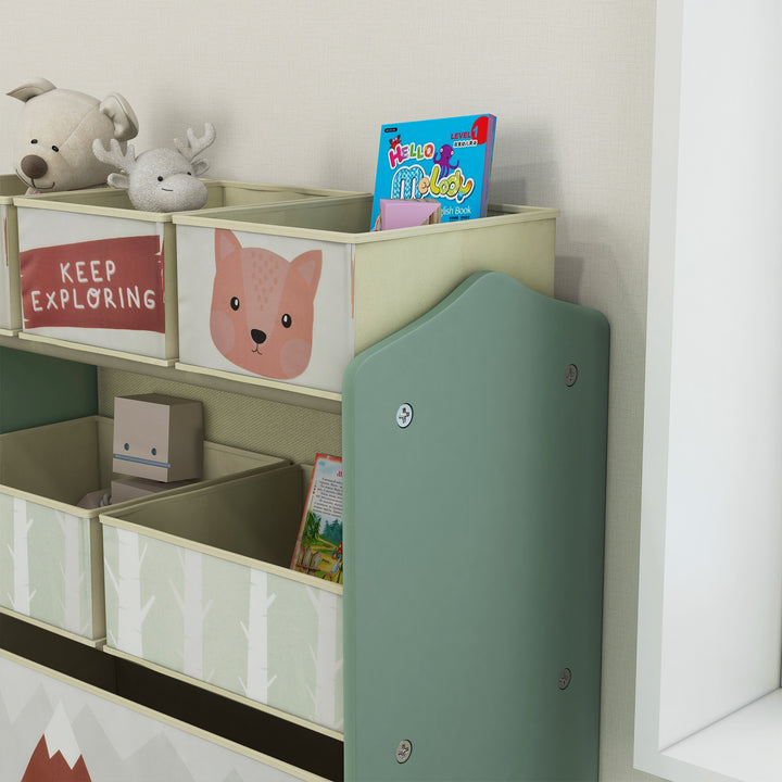 Zonekiz børnegarderobe med 6 stofkasser, sødt motiv, 63x30x66 cm, grøn