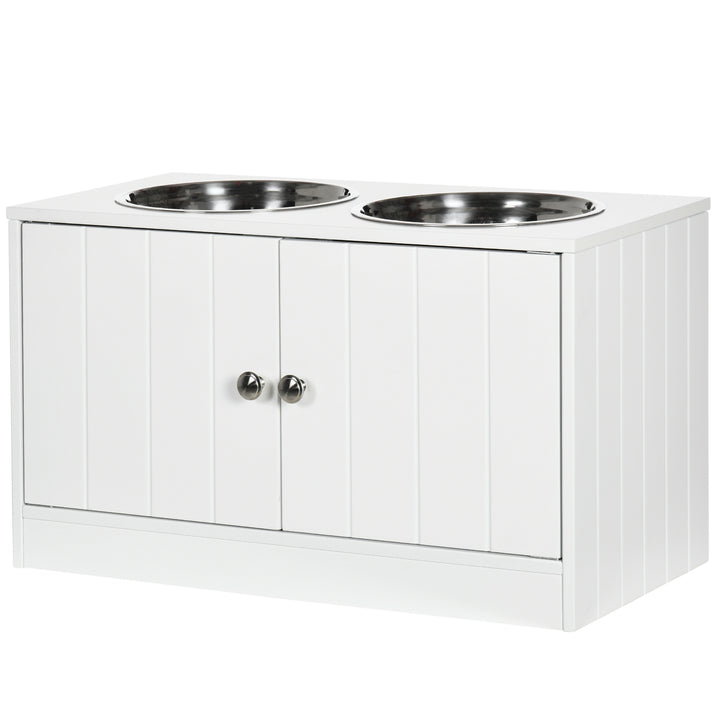 Hundefoderstation, 2 skåle i rustfrit stål, 44 liters skab, magnetiske døre, hvid, 60x30x35,5 cm