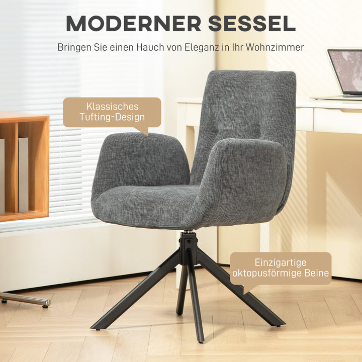 Polstret lænestol, accentstol, moderne design, drejefunktion, op til 120 kg, mørkegrå