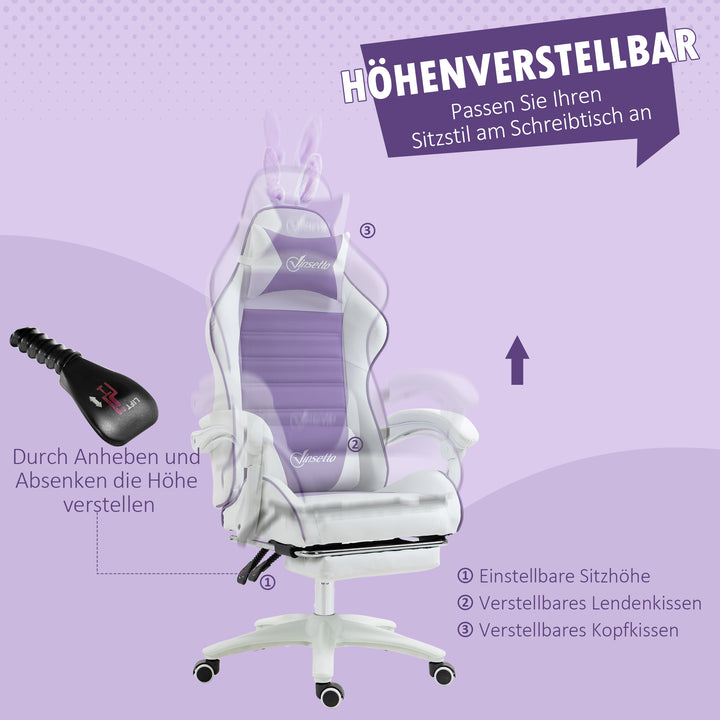Gamingstol ergonomisk med lændestøtte, fodstøtte, pude med kaninører, lilla