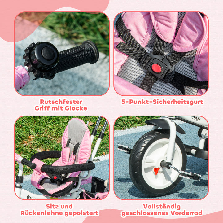 6-I-1 børnetrecykel med skubbehåndtag, kaleche, sele, opbevaringskurv, til 1-5 år, lyserød