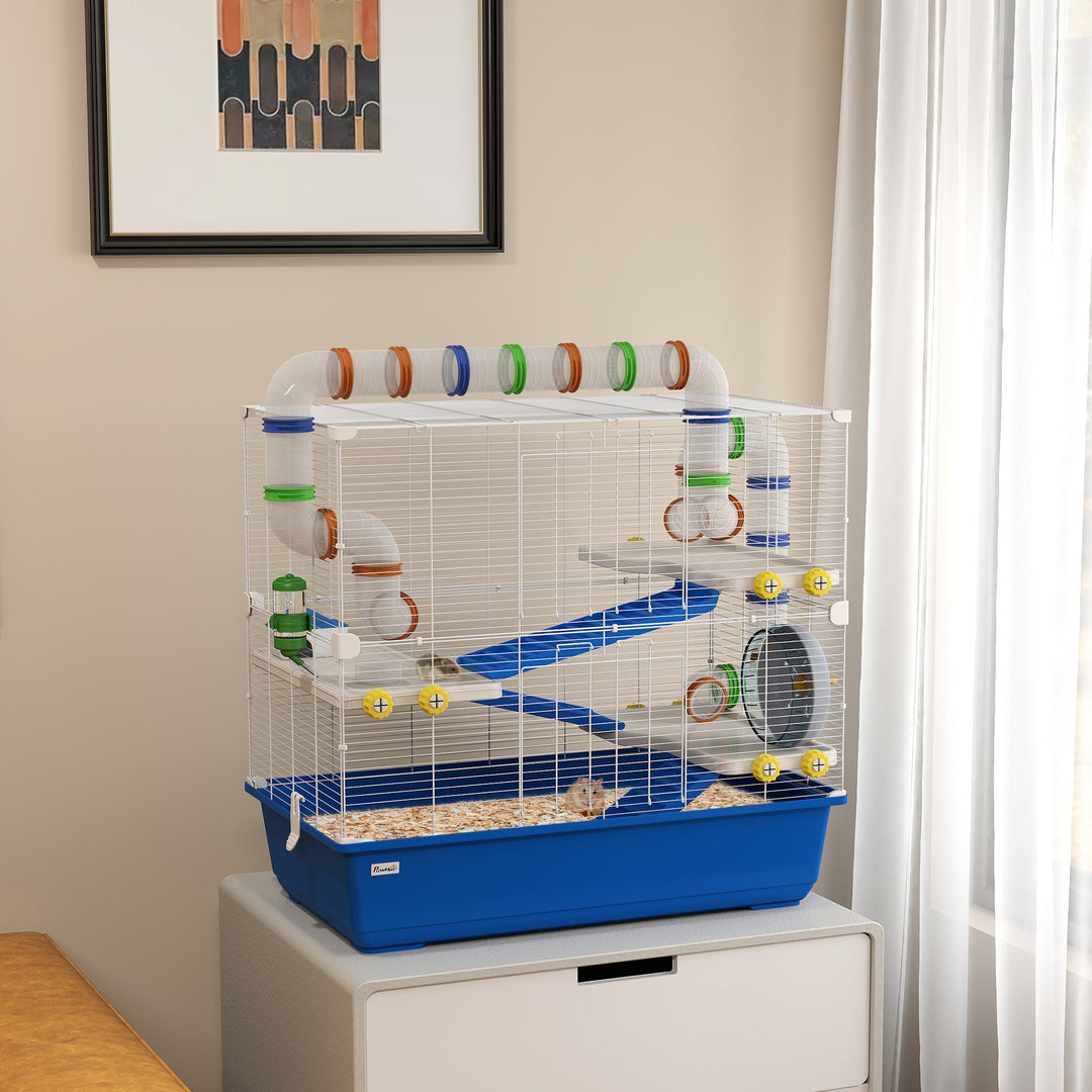 Hamsterbur med 4 niveauer, bur til små dyr med tunnelsystem, hytte, træningshjul, til dværghamstere, 78 x 45 x 73 cm, blå