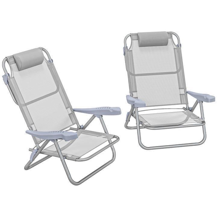 Sæt med 2 foldbare campingstole med justerbar ryglæn og nakkestøtte i net i 6 positioner, 62 x 65 x 80 cm, lysegrå