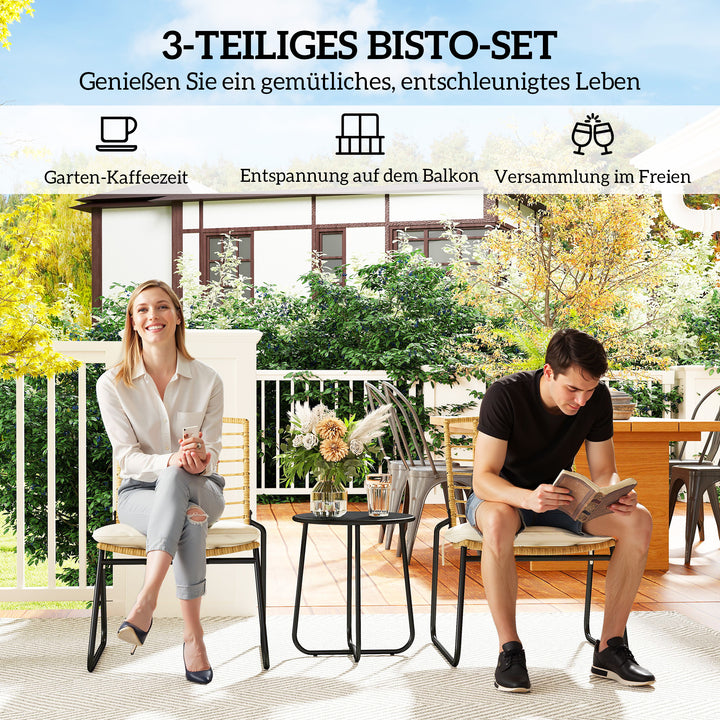 3-delt havemøbelsæt, 2 rattanstole, 1 bord med metalplade, sædehynder, bistrosæt, beige og brun