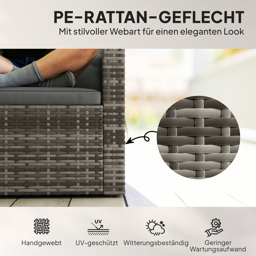 2-personers rattansofa med hynder, foldbare sidebakker, loungesofa, siddegruppe, lysegrå