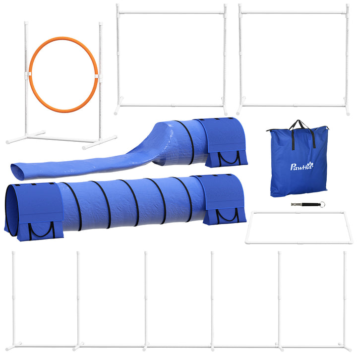 Agility sæt til hunde, 1 dæk, 2 tunneler, 2 hækkeløb, 321 cm x 63 cm x 93 cm, blå + rød + hvid