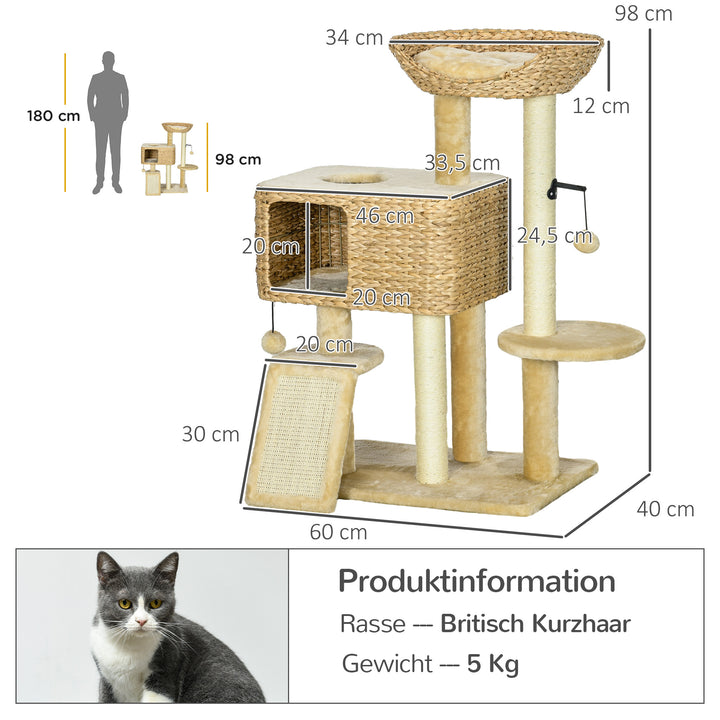 Kradsetræ til katte, 1 kattehule, 1 katteseng, 1 liggeflade, 1 rampe, 60 cm x 40 cm x 98 cm, naturlig + beige