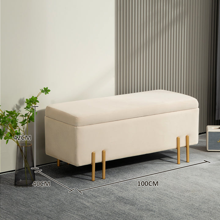 Polstret bænk med opbevaring, kommodebænk, skum, metal, gummitræ, 100 x 40 x 42 cm, beige