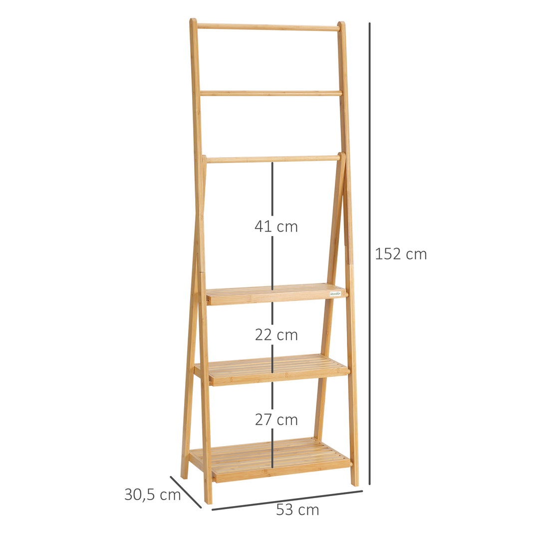 Bambus håndklædestige med hylder, 3 hylder, 3 håndklædestativer, foldbar, 53 cm x 30,5 cm x 152 cm, naturlig