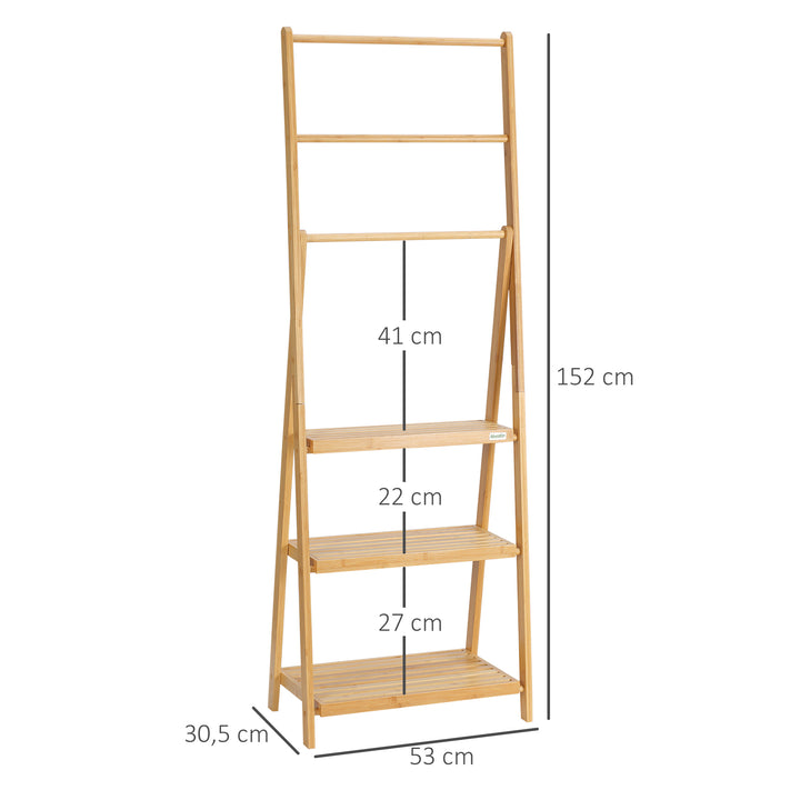 Bambus håndklædestige med hylder, 3 hylder, 3 håndklædestativer, foldbar, 53 cm x 30,5 cm x 152 cm, naturlig