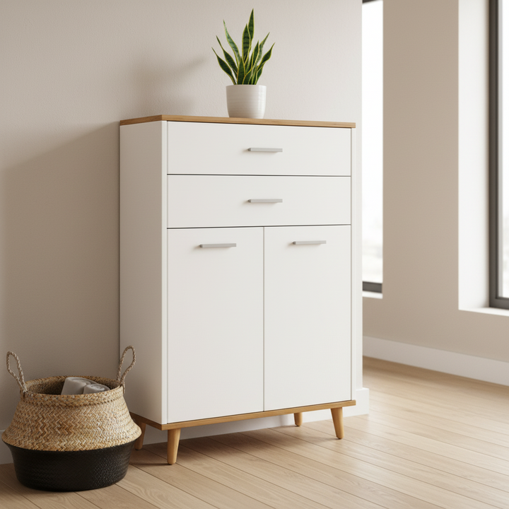 Kommode med 2 skuffer og 2 låger, 97x60x28 cm, hvid