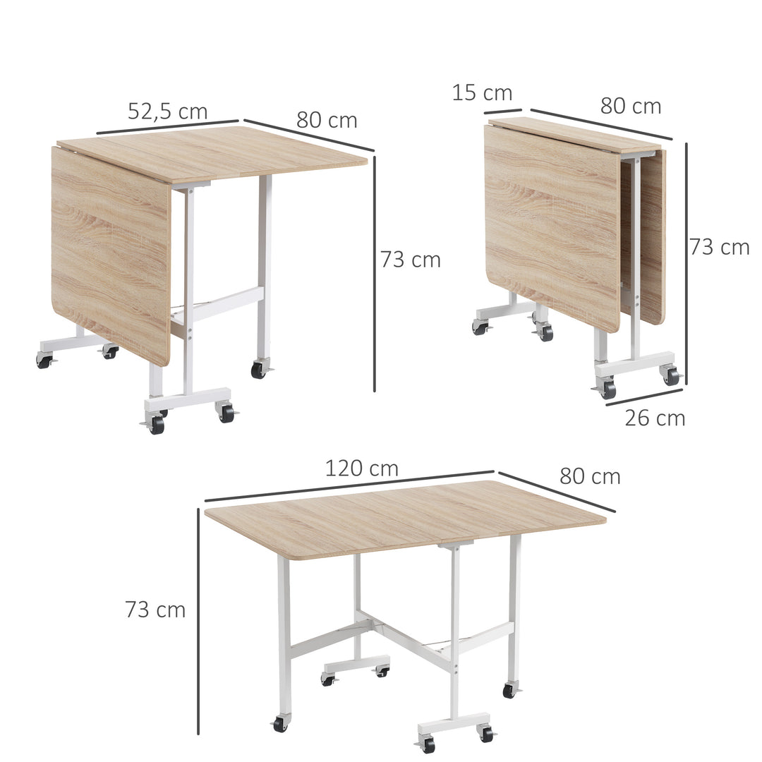 Klapbord på hjul, laptopbord, spisebord, inkl. parkeringsbremse, natur + hvid